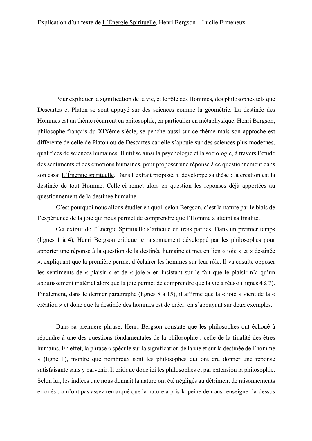 Explication d’un texte de L’Énergie Spirituelle, Henri Bergson: La création