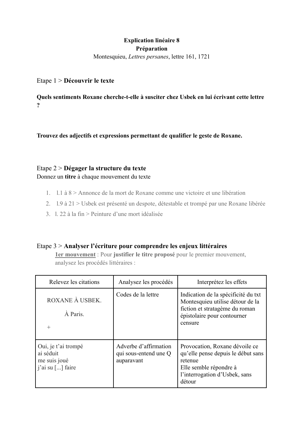 Prévisualisation du document Explication linéaire 8 Préparation Montesquieu, Lettres persanes, lettre 161, 1721