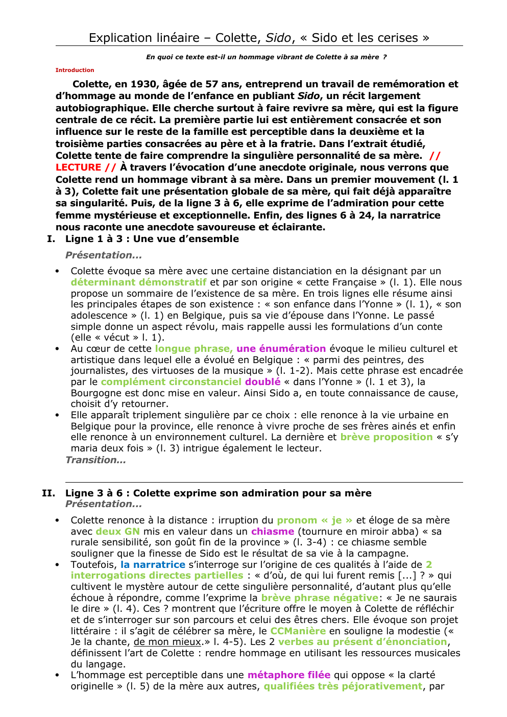 Prévisualisation du document Explication linéaire – Colette, Sido, « Sido et les cerises » En quoi ce texte est-il un hommage vibrant de Colette à sa mère ?