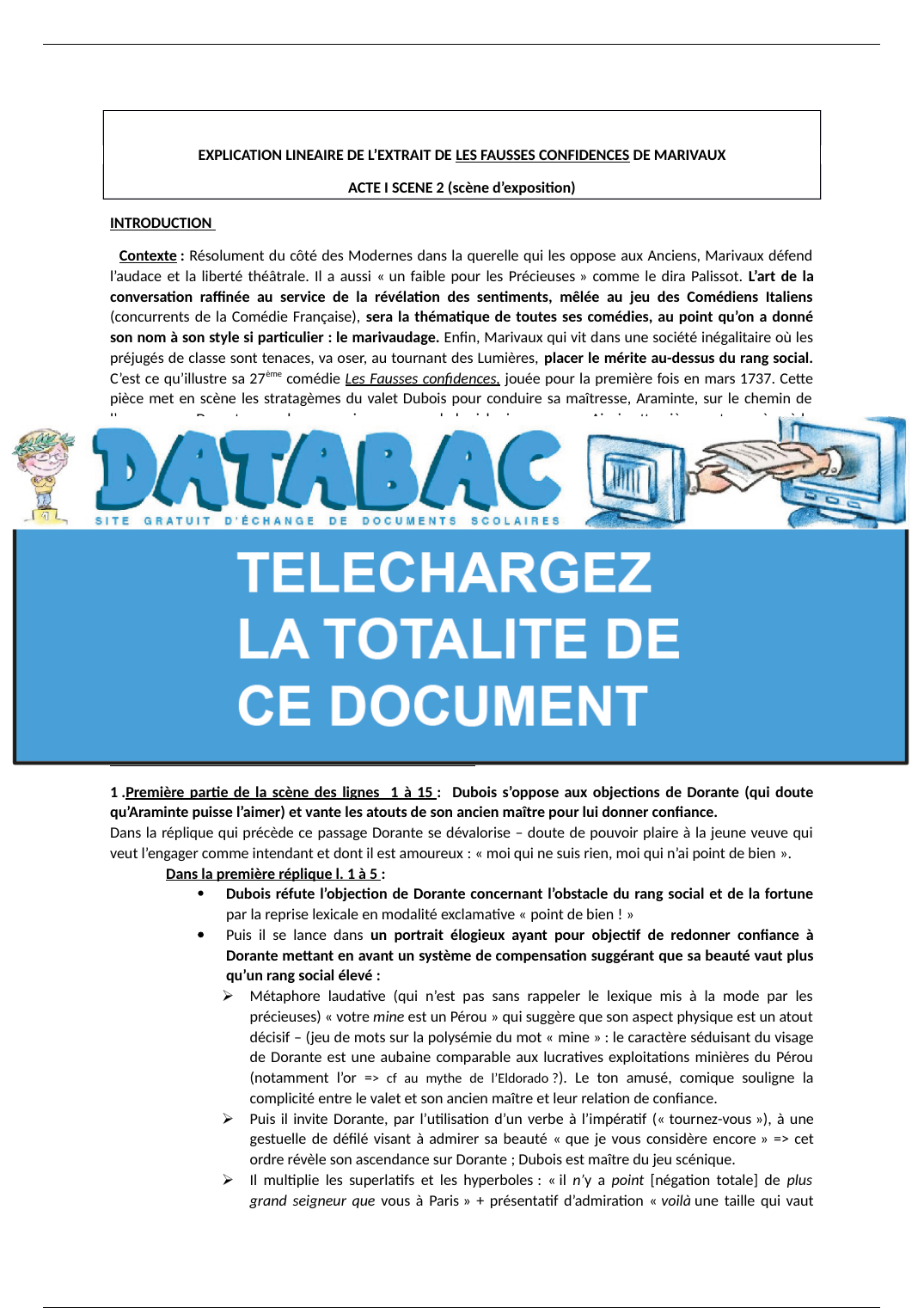 Prévisualisation du document EXPLICATION LINEAIRE DE LES FAUSSES CONFIDENCES DE MARIVAUX ACTE I SCENE 2 (scène d'exposition)
