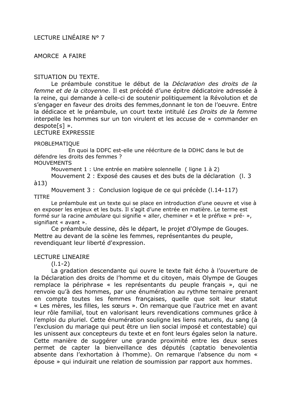 Prévisualisation du document explication linéaire du préambule de olympe de gouges