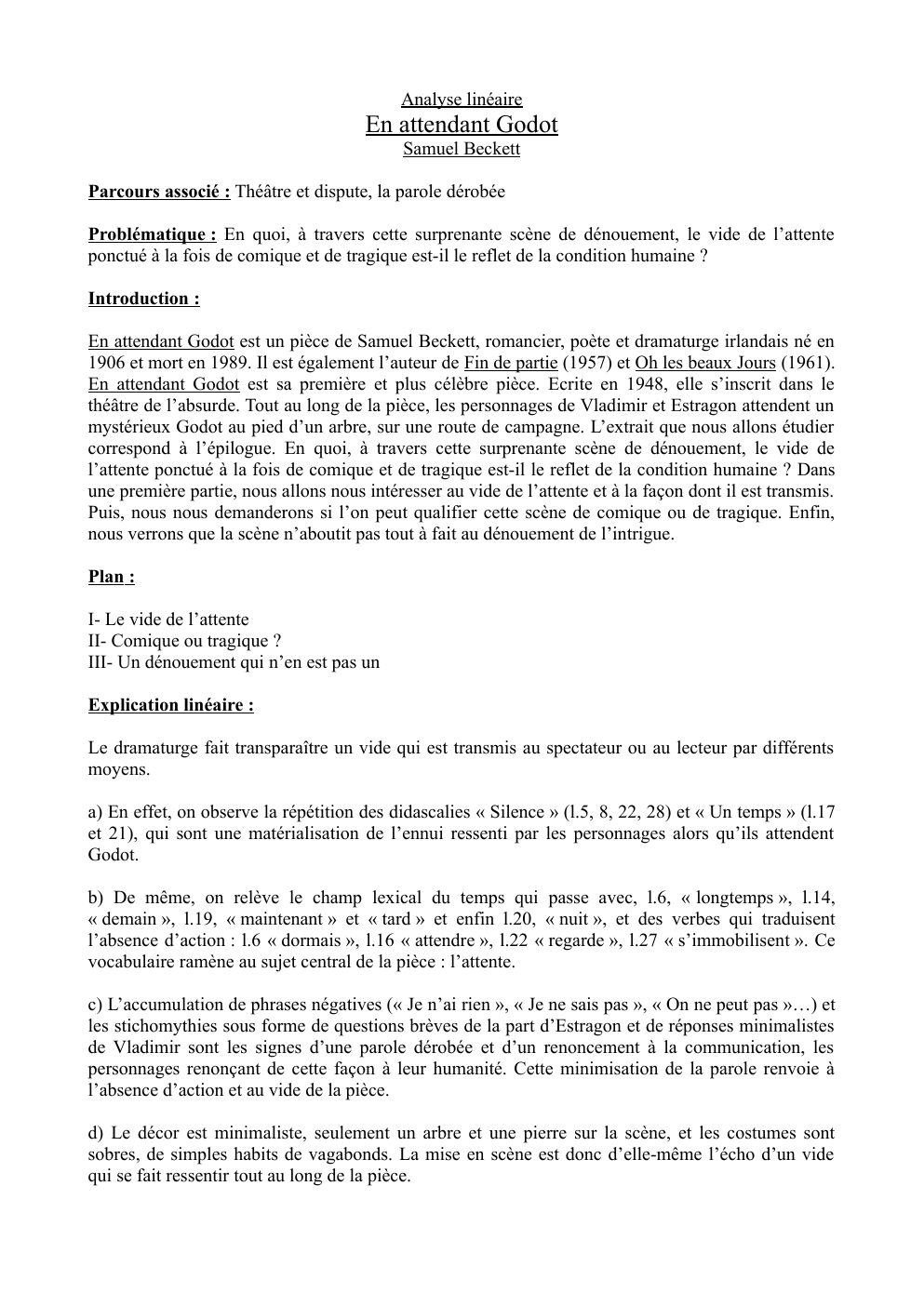Prévisualisation du document Explication linéaire En attendant Godot, scène finale