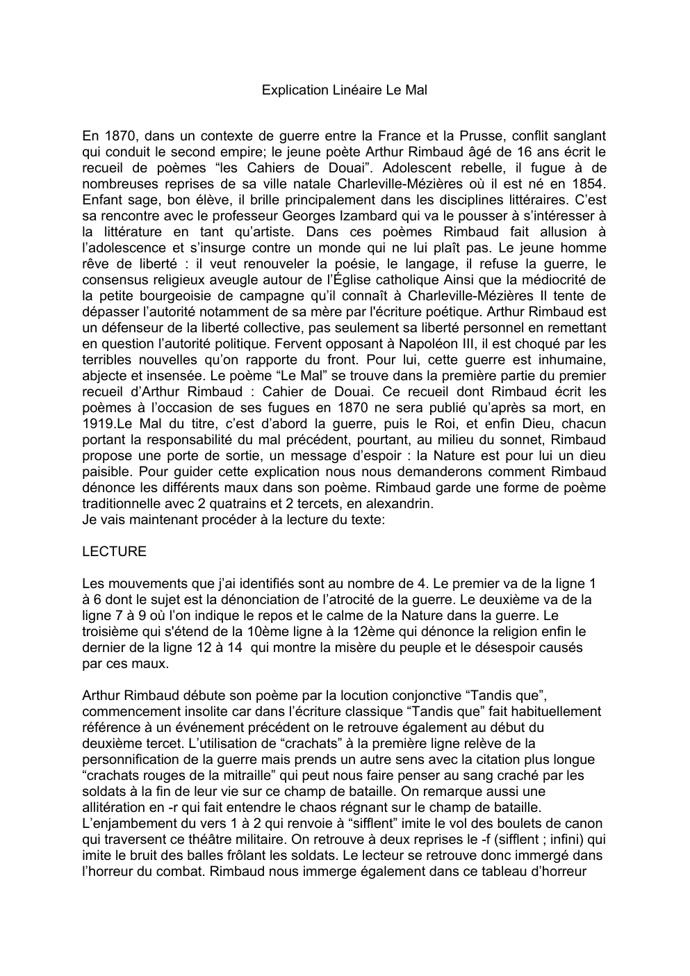 Prévisualisation du document Explication linéaire Le Mal Rimbaud