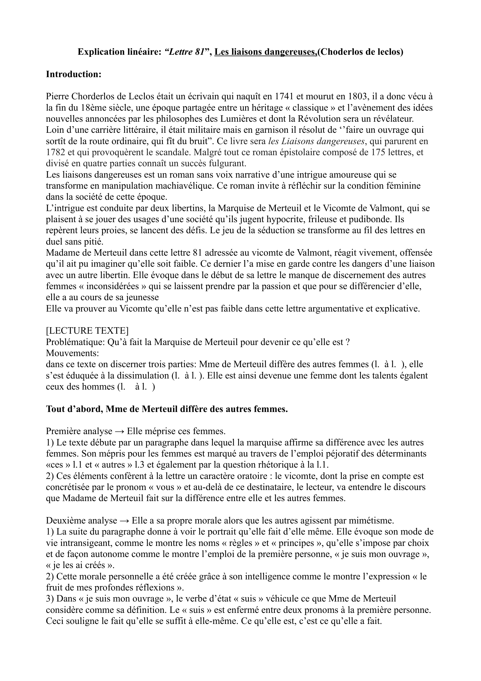 Prévisualisation du document explication linéaire lettre 81  dans les liaisons dangereuses de CHODERLOS DE LECLOS