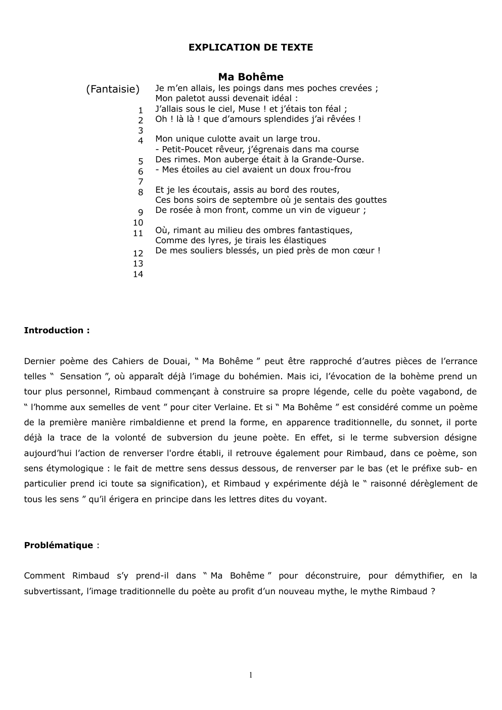 Prévisualisation du document Explication linéaire Ma bohême Rimbaud