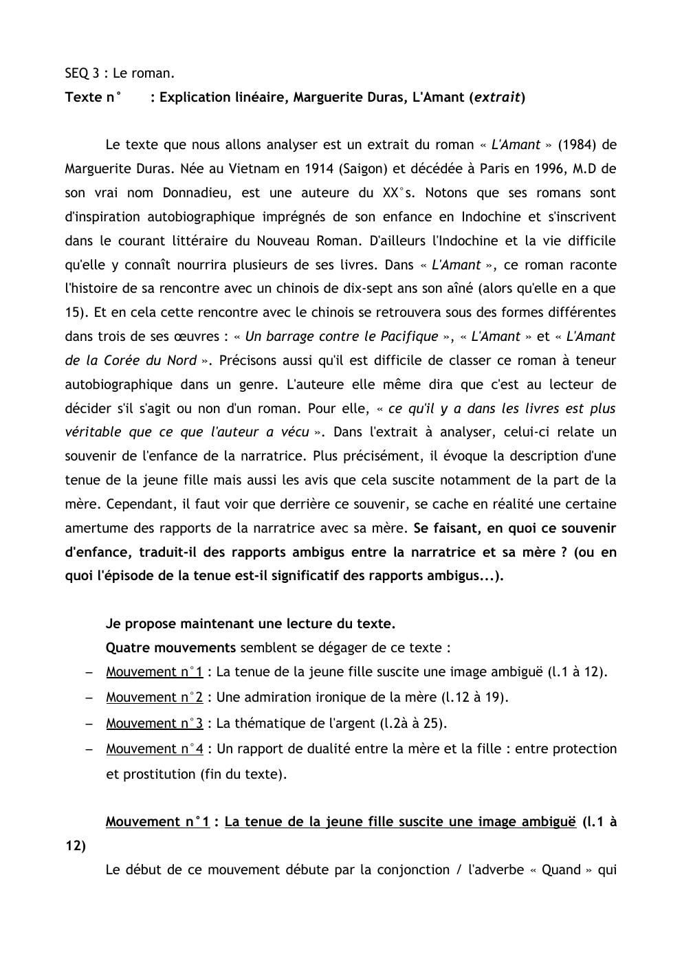 Prévisualisation du document Explication linéaire, Marguerite Duras, L'Amant (extrait) - devoir