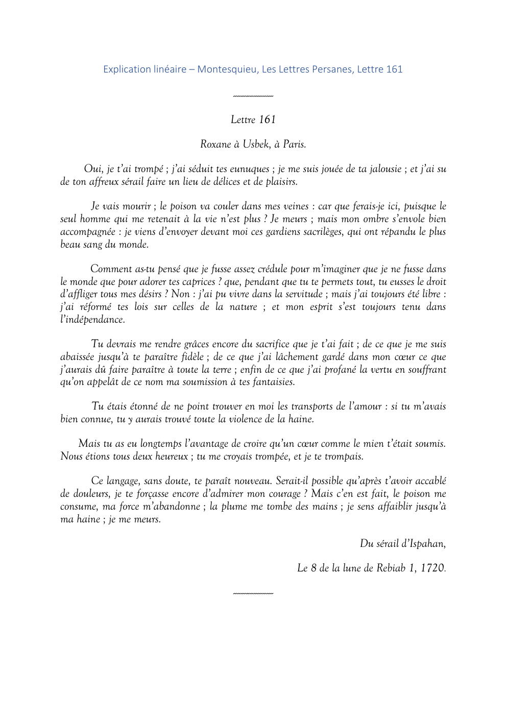Prévisualisation du document Explication linéaire – Montesquieu, Les Lettres Persanes, Lettre 161