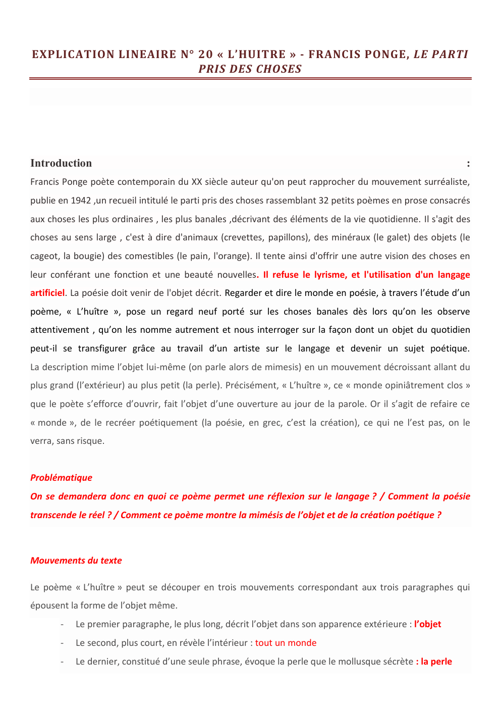 Prévisualisation du document EXPLICATION LINEAIRE N° 20 « L’HUITRE » - FRANCIS PONGE, LE PARTI PRIS DES CHOSES