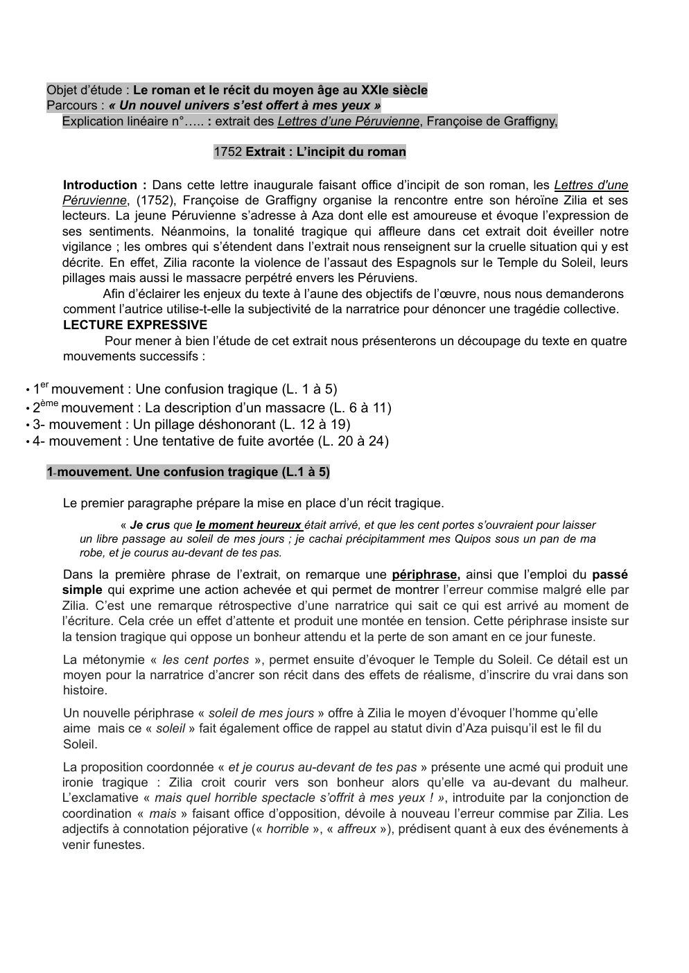 Prévisualisation du document Explication linéaire  : extrait des Lettres d’une Péruvienne, Françoise de Graffigny, 1752 Extrait : L’incipit du roman