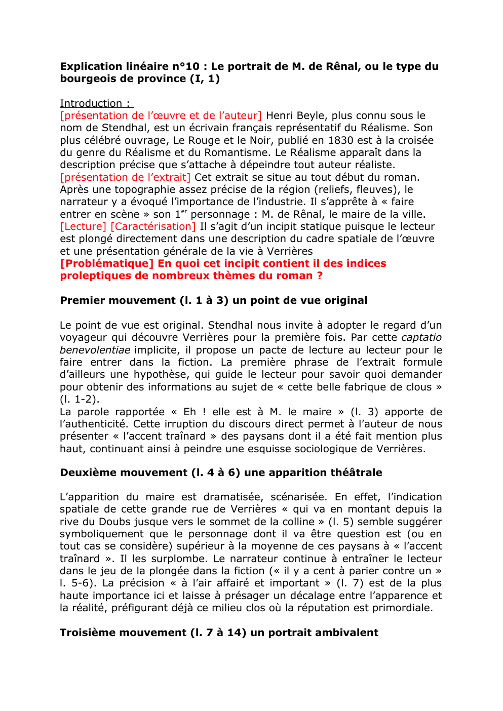 Prévisualisation du document Explication linéaire n°10 : Le portrait de M. de Rênal, ou le type du bourgeois de province (I, 1)