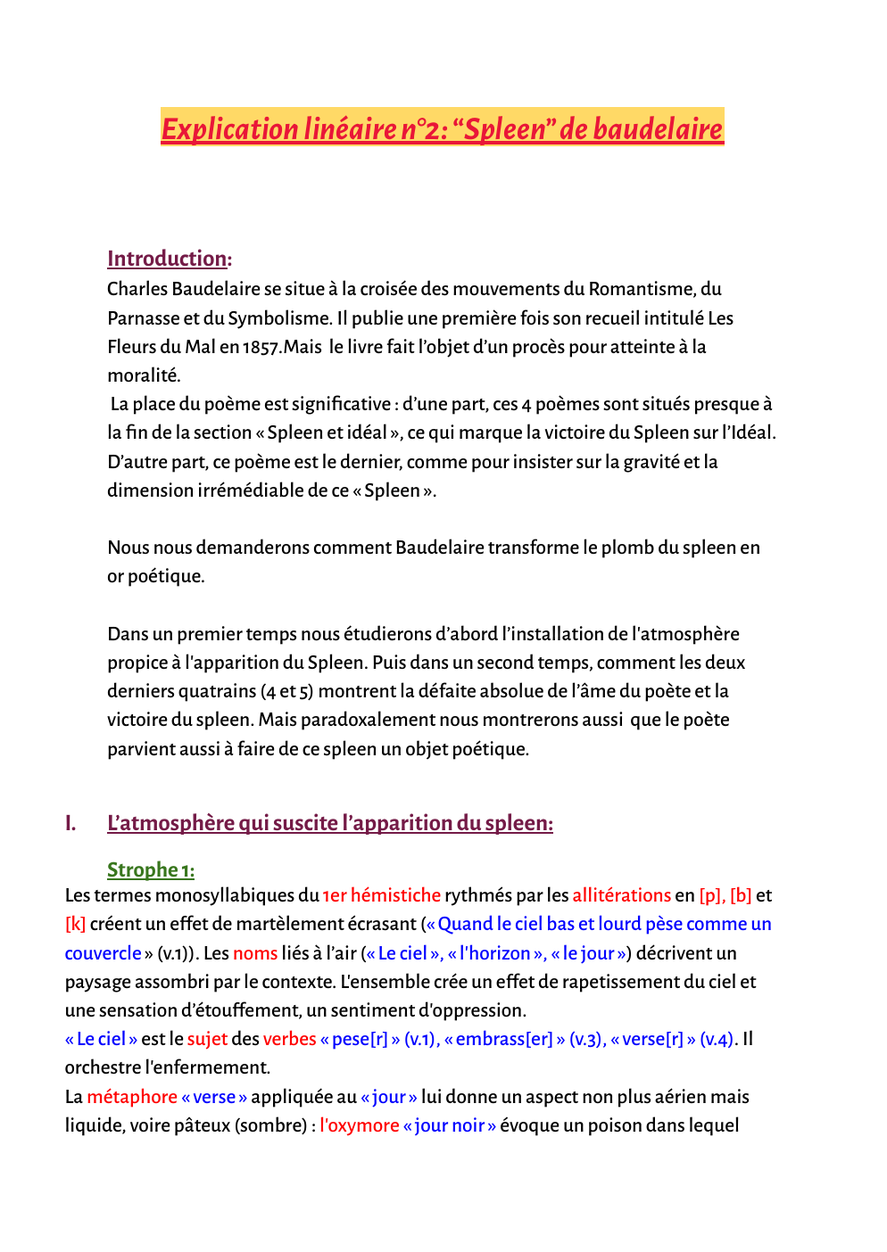 Prévisualisation du document Explication linéaire n°2: “Spleen” de Baudelaire