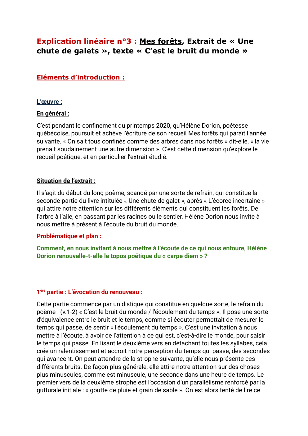 Prévisualisation du document Explication linéaire n°3 : Mes forêts, Extrait de « Une chute de galets », texte « C’est le bruit du monde »
