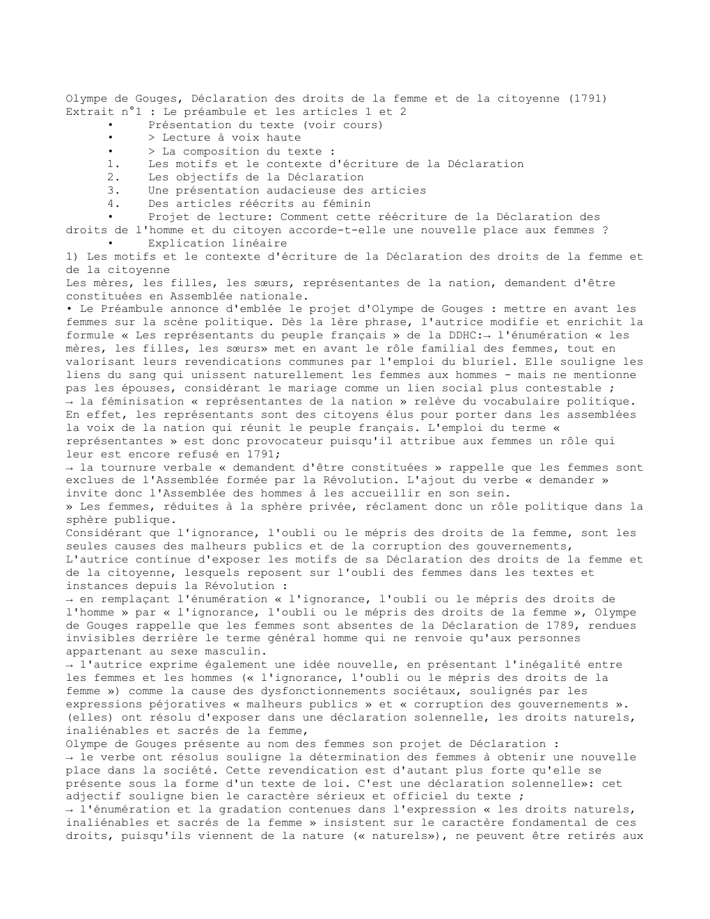 Prévisualisation du document Explication linéaire Olympe de Gouges, Déclaration des droits de la femme et de la citoyenne (1791) Extrait n°1 : Le préambule et les articles 1 et 2