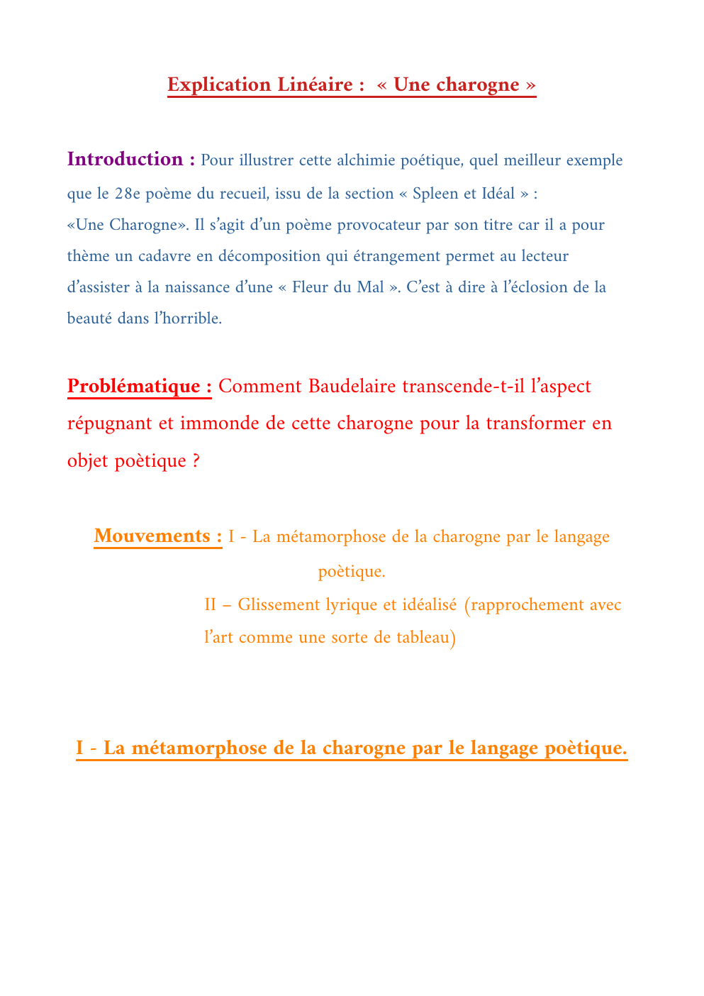 Prévisualisation du document Explication linéaire texte une charogne (les fleurs du mal Baudelaire)