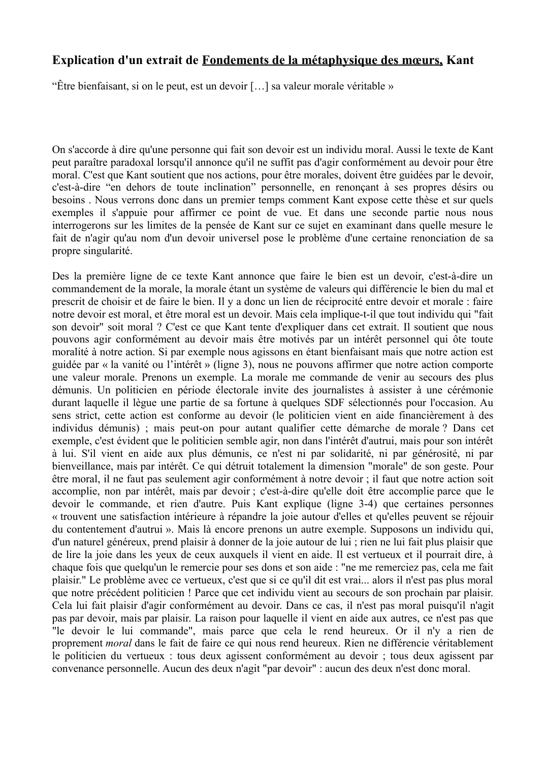 Prévisualisation du document EXPLICATION texte de Kant Le devoir moral