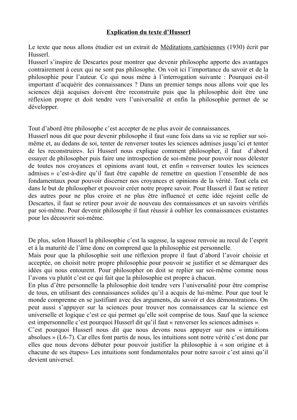 Prévisualisation du document explication texte Husserl Méditations cartésiennes (1930)