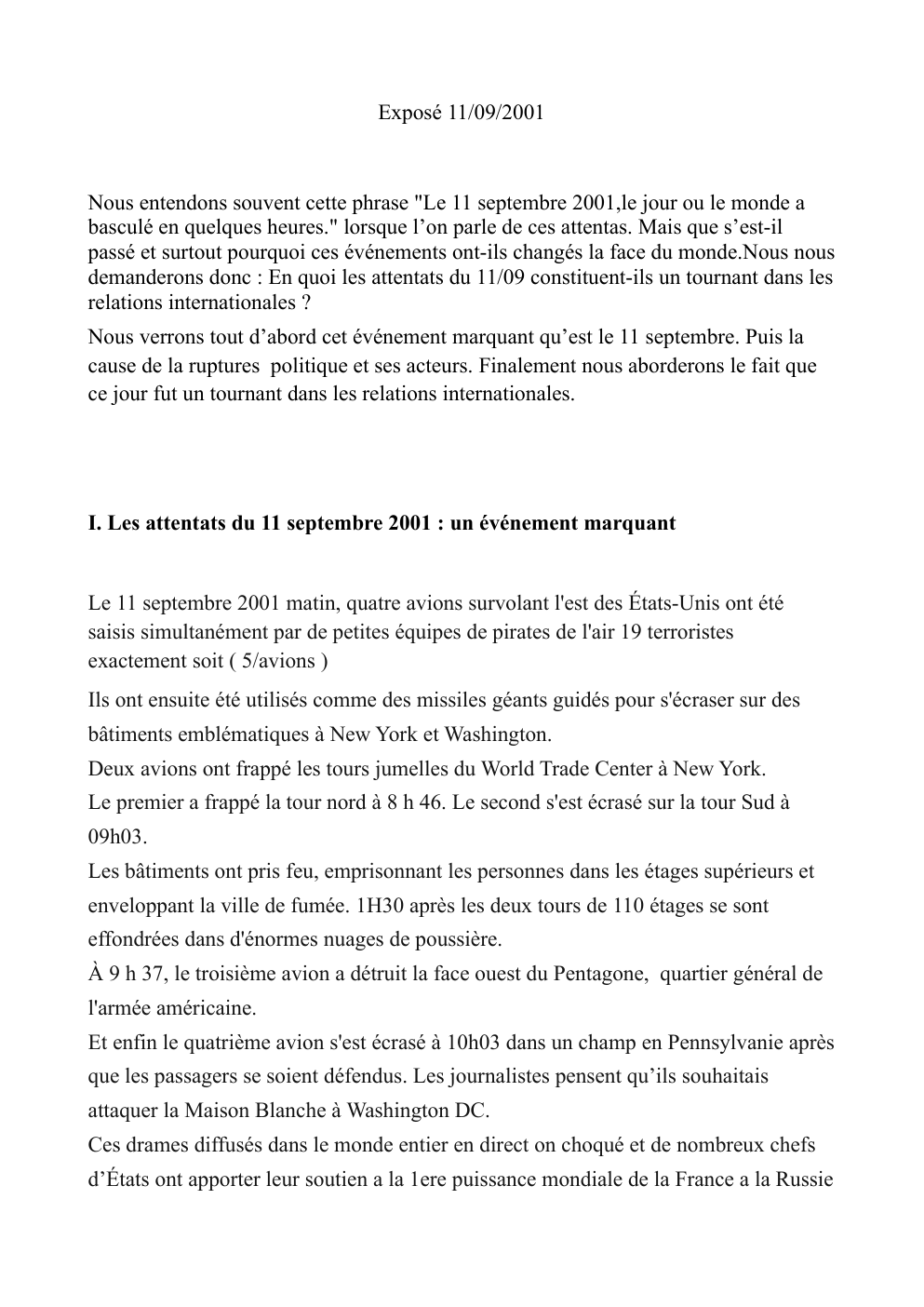 Prévisualisation du document Exposé 11/09/2001 - Le 11 septembre 2001