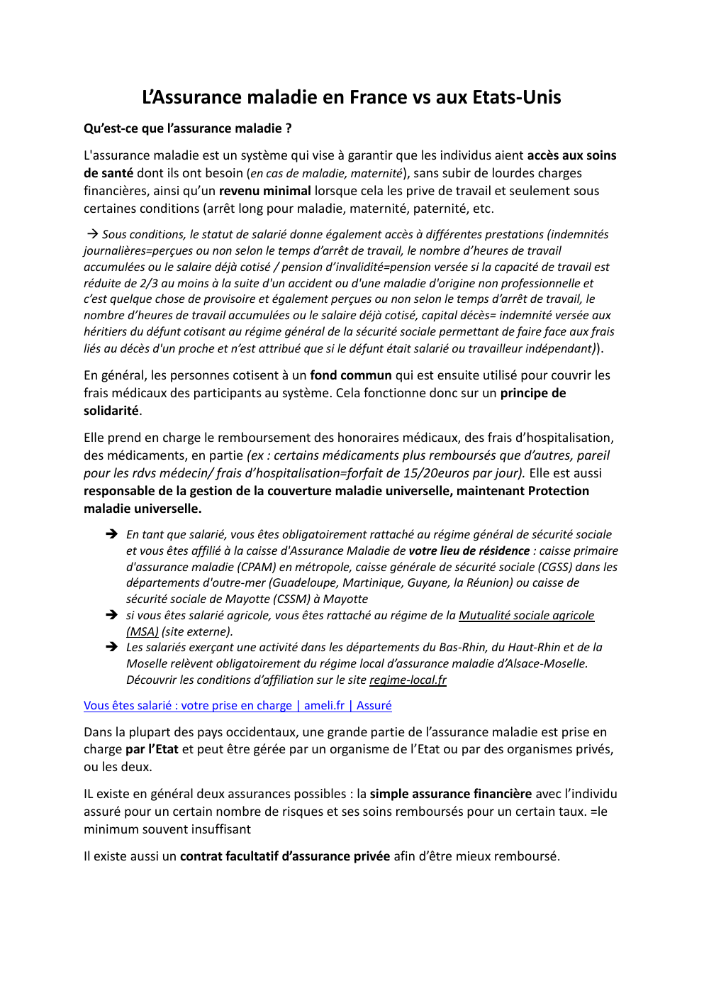 Prévisualisation du document exposé assurance maladie France vs Etats Unis
