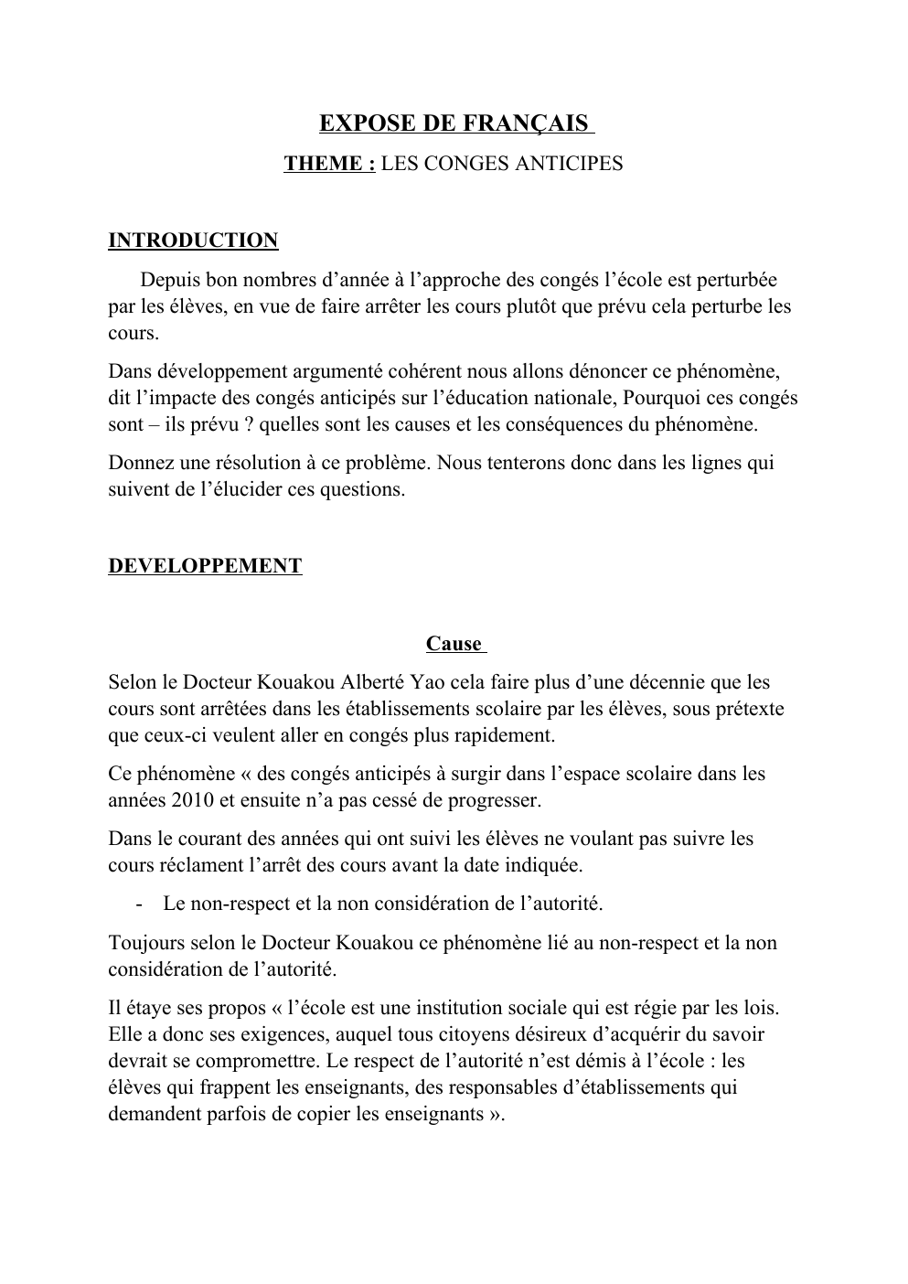 Prévisualisation du document EXPOSE DE FRANÇAIS THEME : LES CONGES ANTICIPES