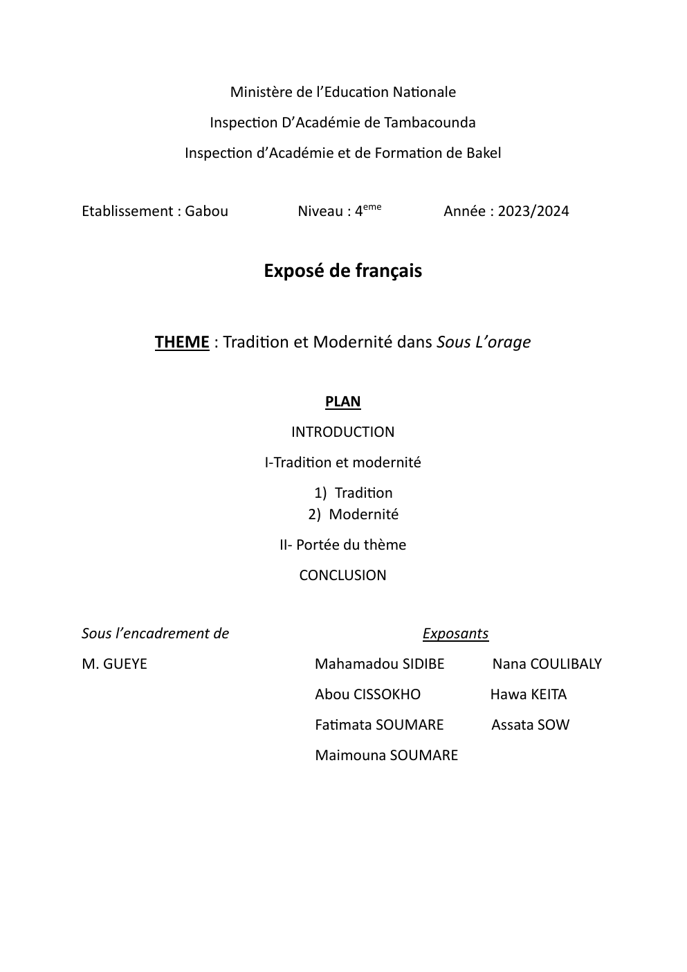 Prévisualisation du document Exposé de français THEME : Tradition et Modernité dans Sous L’orage