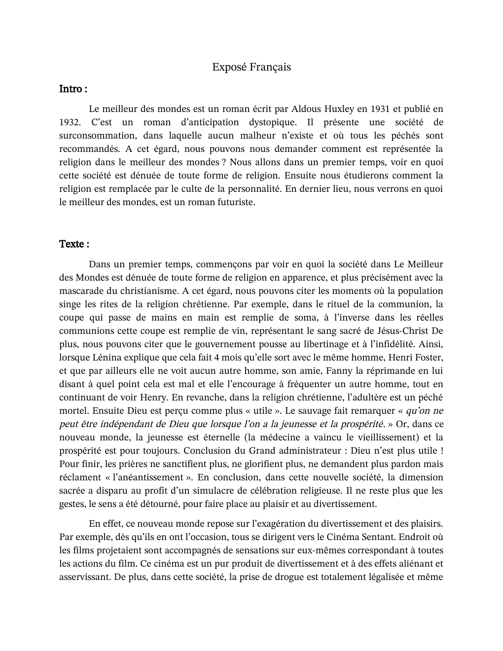 Prévisualisation du document Exposé le meilleur des mondes