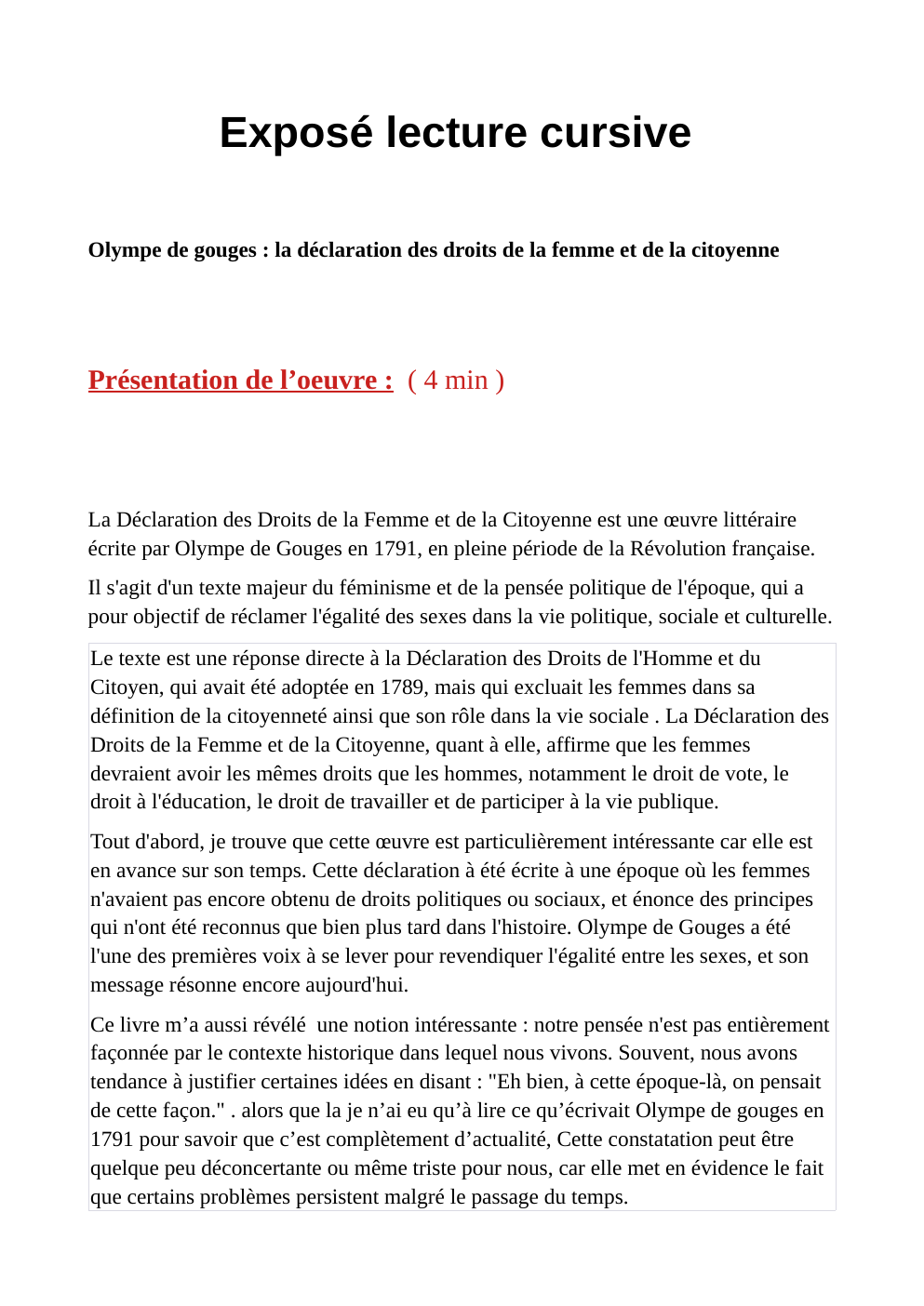 Prévisualisation du document Exposé lecture cursive Olympe de gouges : la déclaration des droits de la femme et de la citoyenne