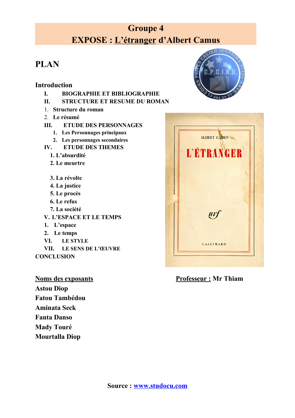Prévisualisation du document exposé l'étranger d'albert camus