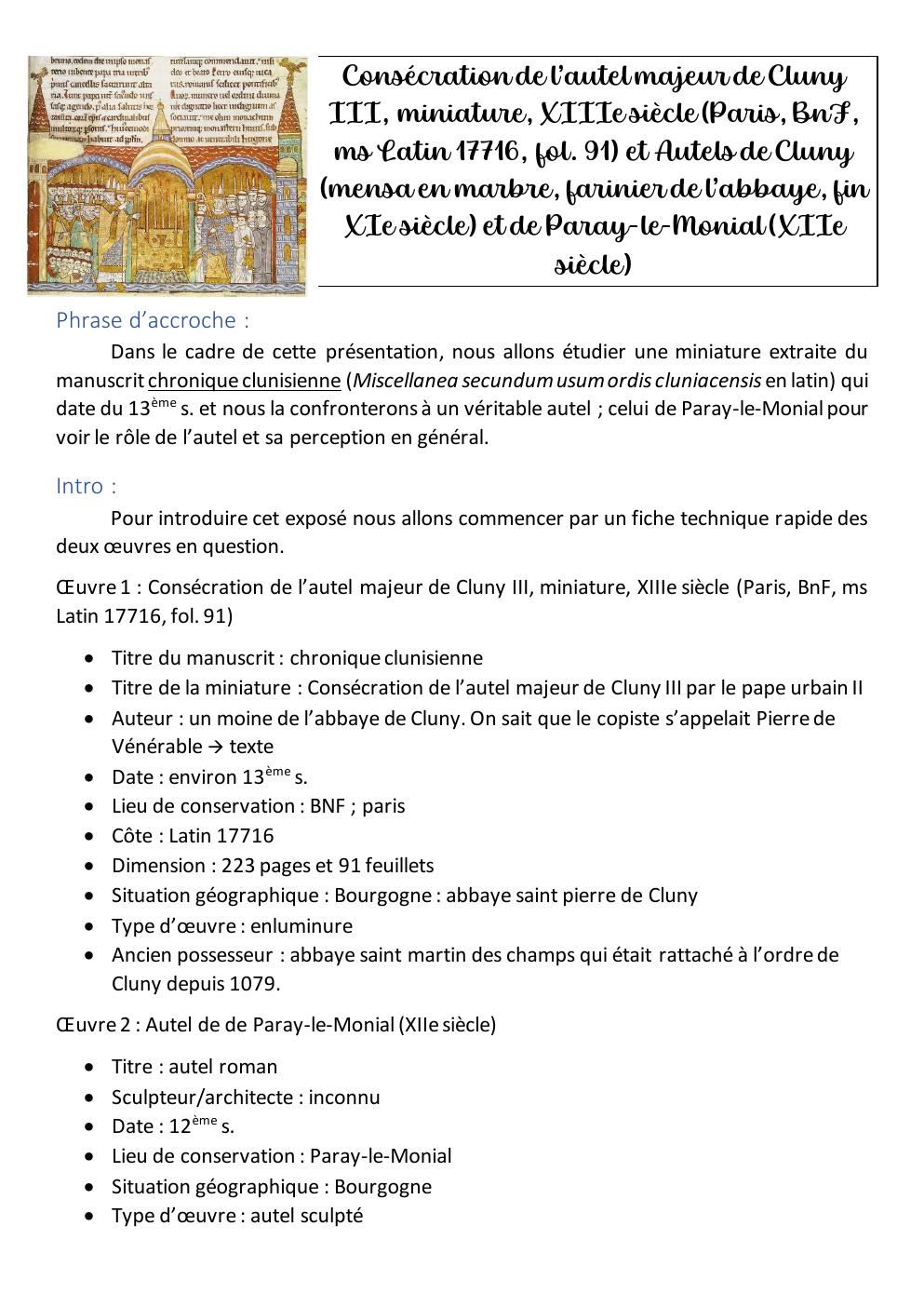 Prévisualisation du document exposé médiéval autel de paray le monial et miniature de la consécration de l'autel de cluny du moyen age