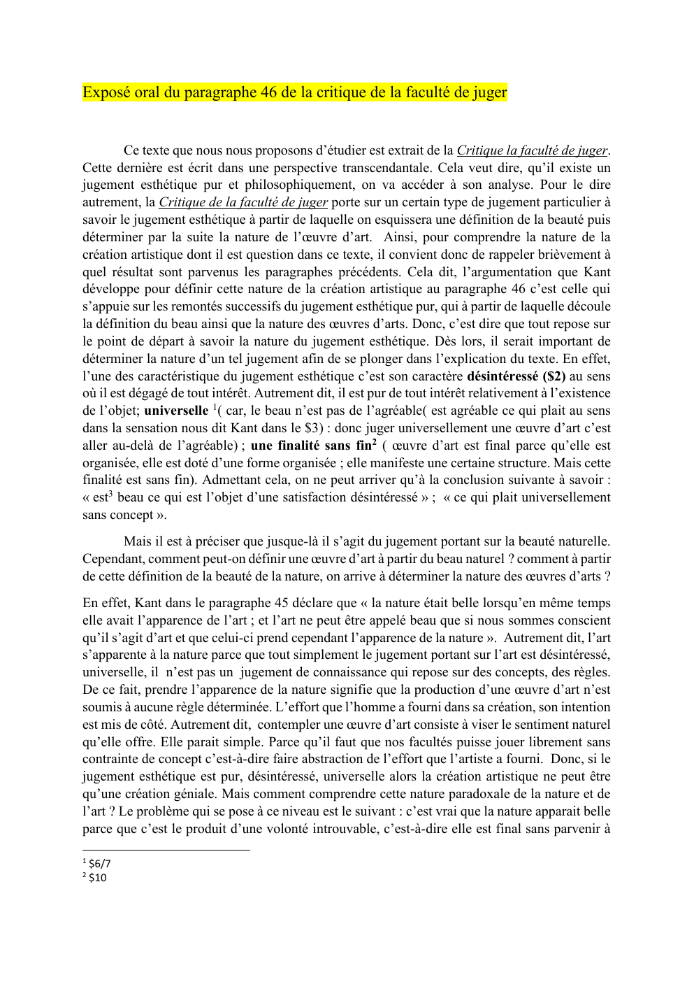 Prévisualisation du document Exposé oral du paragraphe 46 de la critique de la faculté de juger