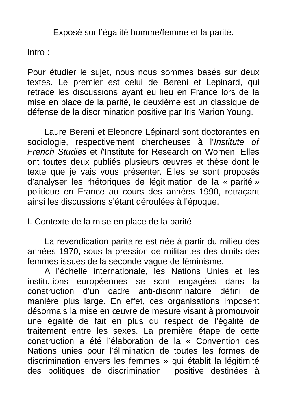 Prévisualisation du document Exposé Parité- Bereni et Lepinard