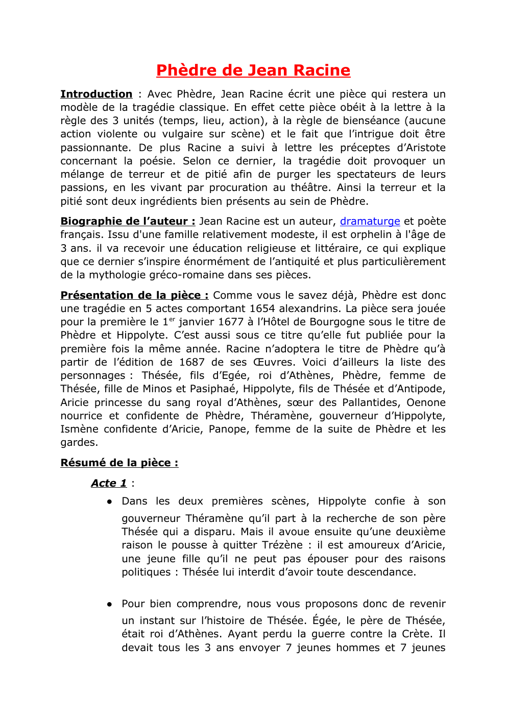 Prévisualisation du document Exposé Phèdre de Racine (résumé et analyse)