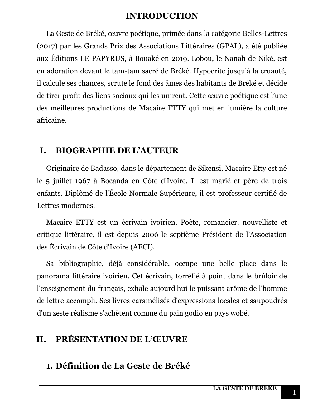 Prévisualisation du document Exposé sur la geste de bréké