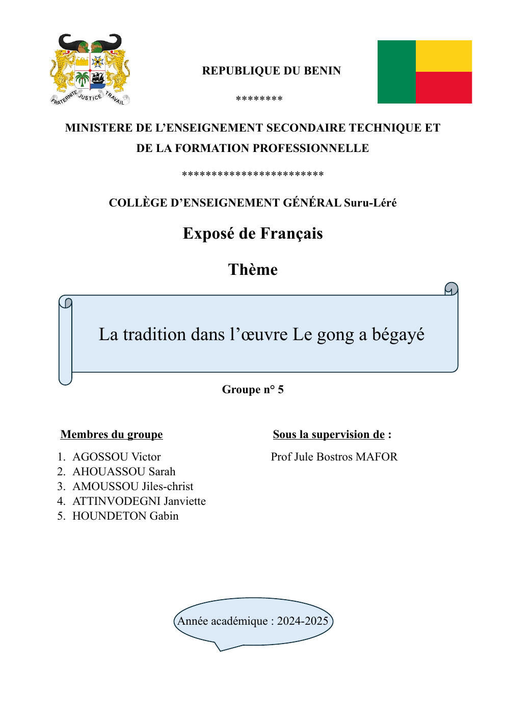Prévisualisation du document Exposé sur la tradition dans l'oeuvre le gong à begayé