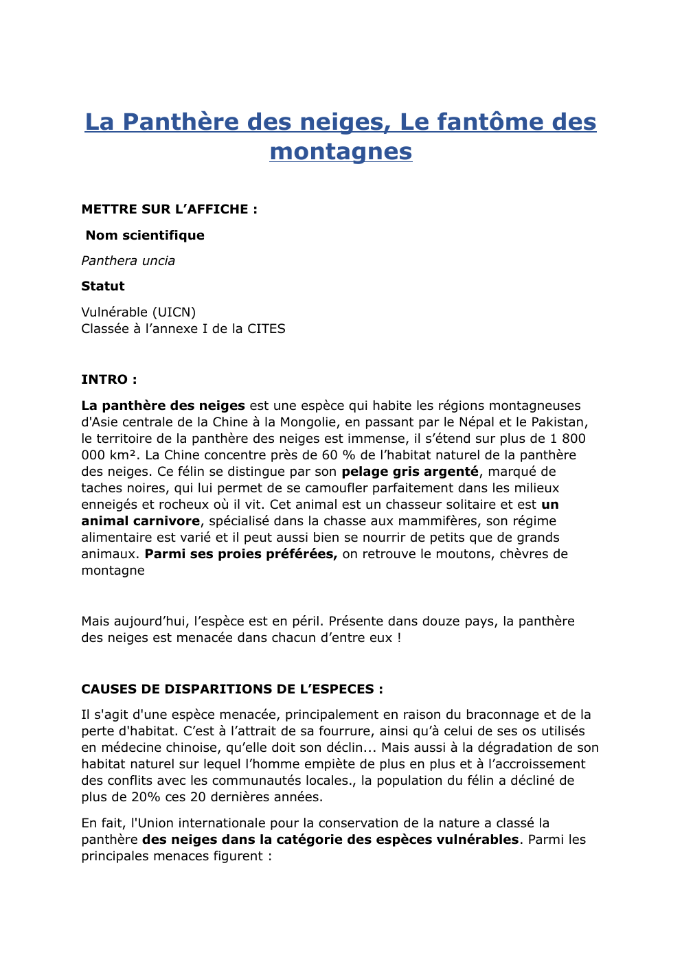 Prévisualisation du document Exposé sur l'extinction de la panthère des neiges