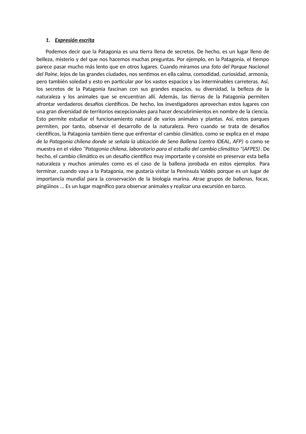 Prévisualisation du document Expression écrite sur la Patagonie (espagnol)