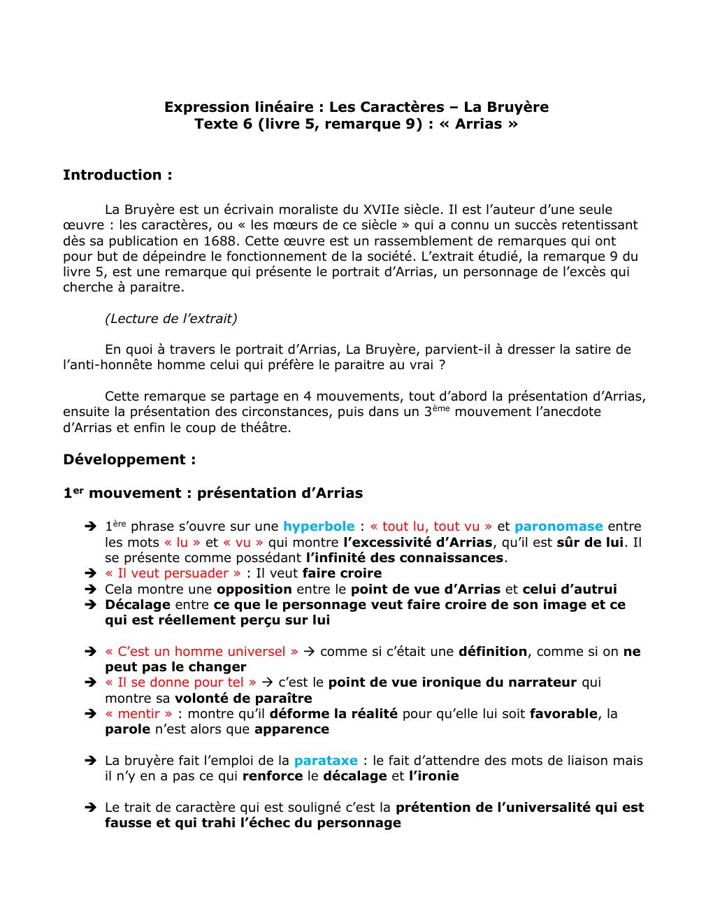 Prévisualisation du document Expression linéaire : Les Caractères – La Bruyère Texte 6 (livre 5, remarque 9) : « Arrias »