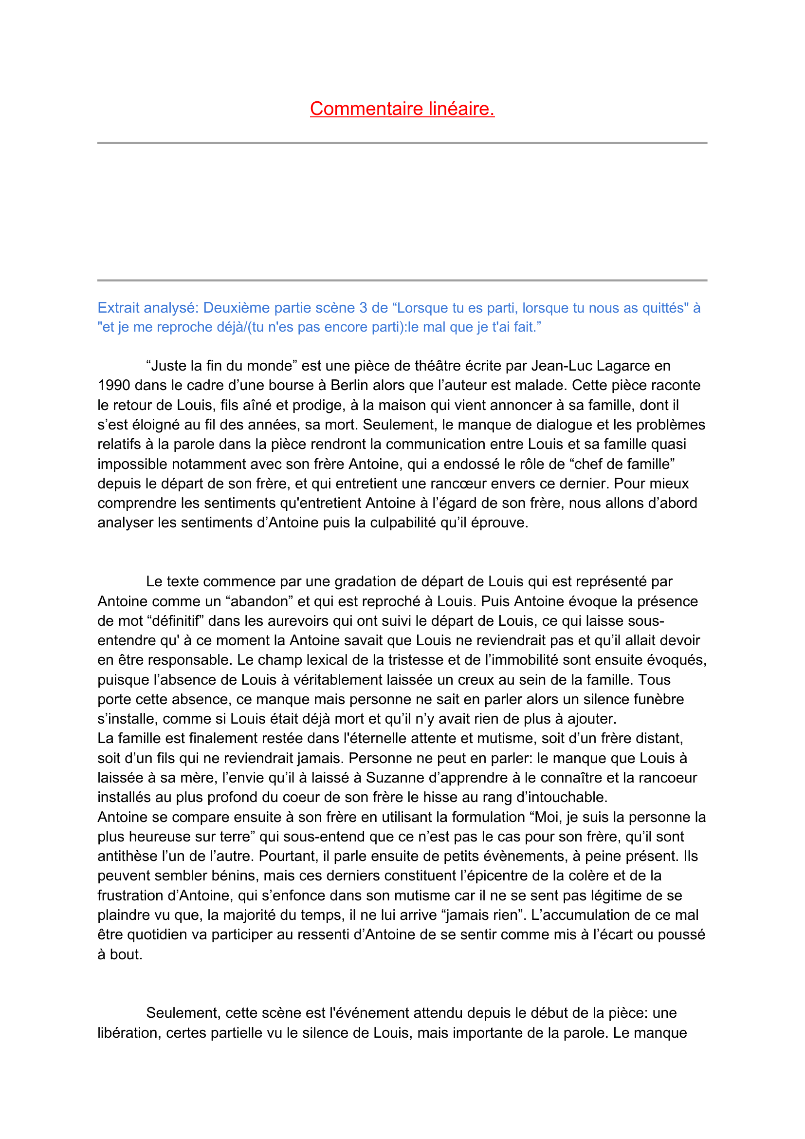 Prévisualisation du document Extrait analysé: Deuxième partie scène 3 de “Lorsque tu es parti, lorsque tu nous as quittés" à "et je me reproche déjà/(tu n'es pas encore parti):le mal que je t'ai fait.”