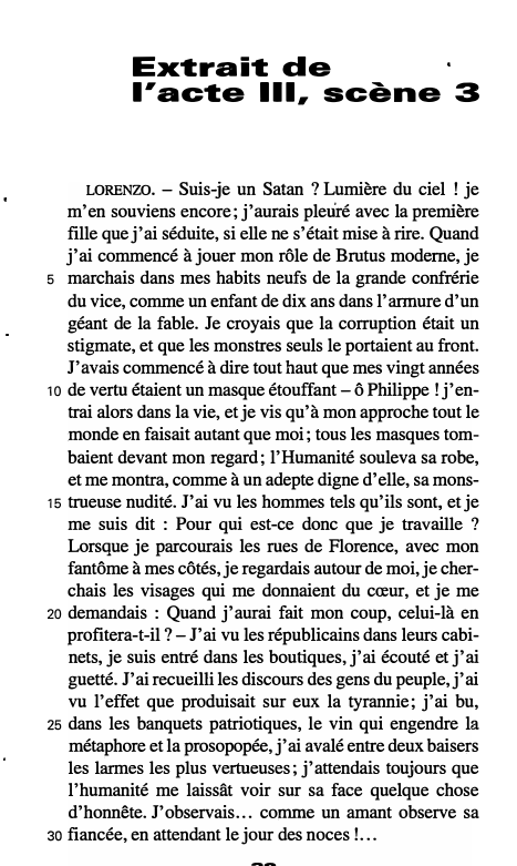 Prévisualisation du document Extrait de
l'acte Ill, scène 3
LORENZO. - Suis-je un Satan ? Lumière du ciel ! je
m'en souviens encore;...