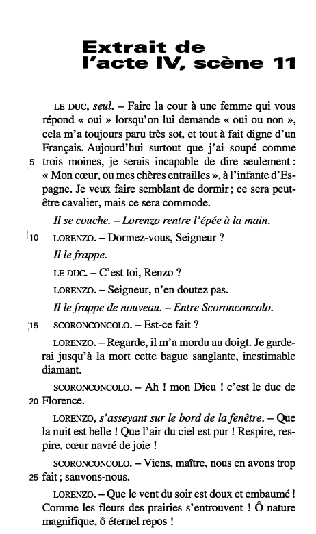 Prévisualisation du document Extrait de
l'acte IV, scène 11
LE DUC, seul. -Faire la cour à une femme qui vous
répond« oui» lorsqu'on...