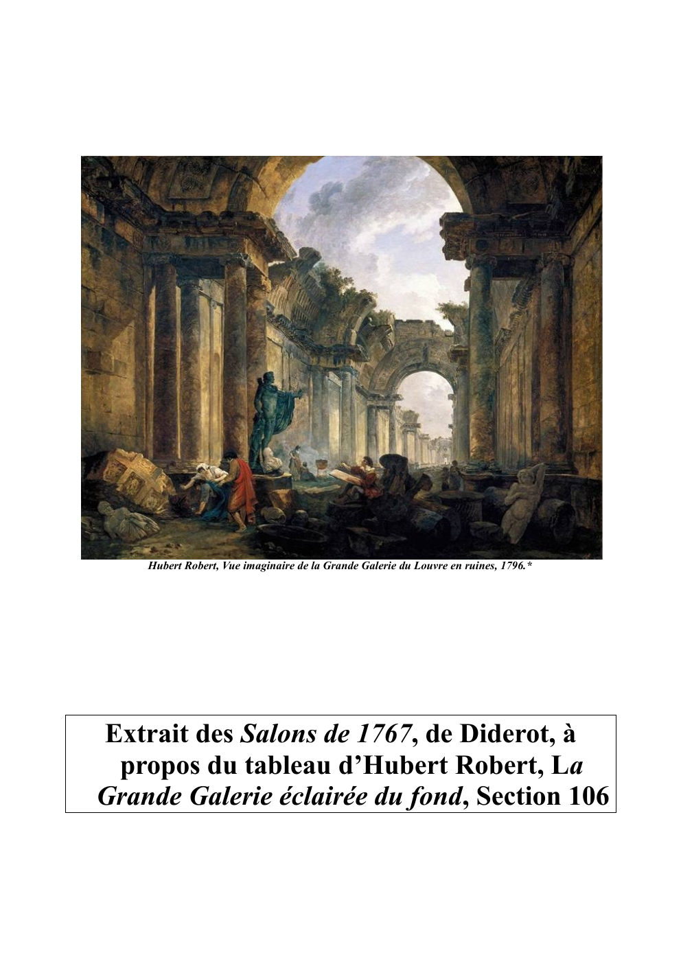 Prévisualisation du document Extrait des Salons de 1767, de Diderot, à propos du tableau d’Hubert Robert, La Grande Galerie éclairée du fond, Section 106 (art)