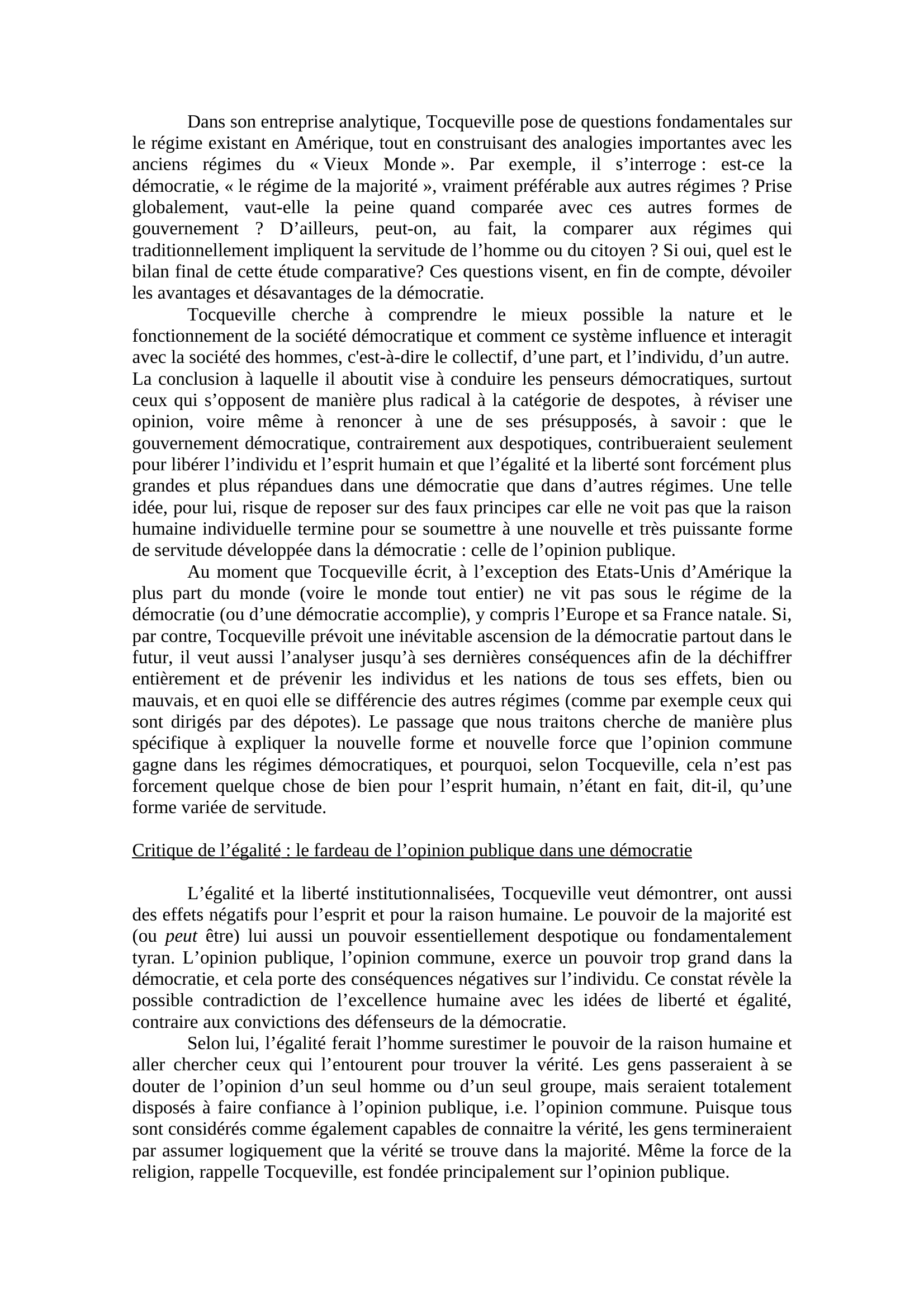 Prévisualisation du document Extrait sur "La Démocratie en Amérique", d'Alexis de Tocqueville