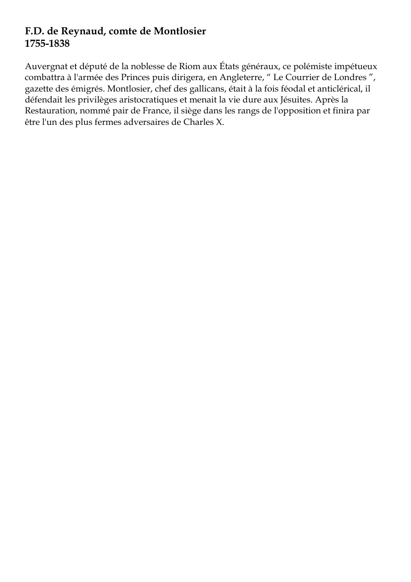 Prévisualisation du document F.D. de Reynaud, comte de Montlosier1755-1838Auvergnat et député de la