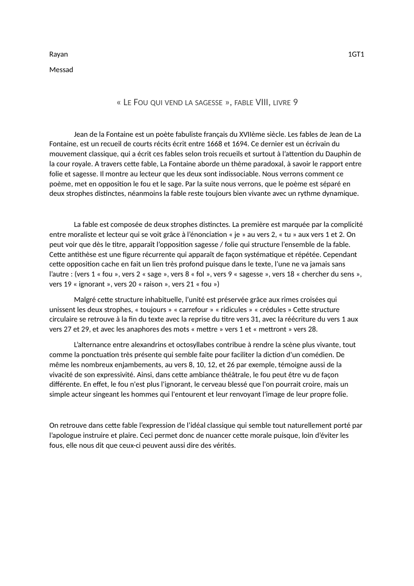Prévisualisation du document Fable, Jean de La Fontaine,  Le Fou qui vend de la sagesse,  Livre IX, fable 8 - Analyse linéaire