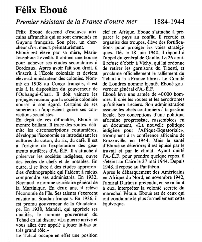 Prévisualisation du document Félix Eboué: Premier résistant de la France d'outre-mer.