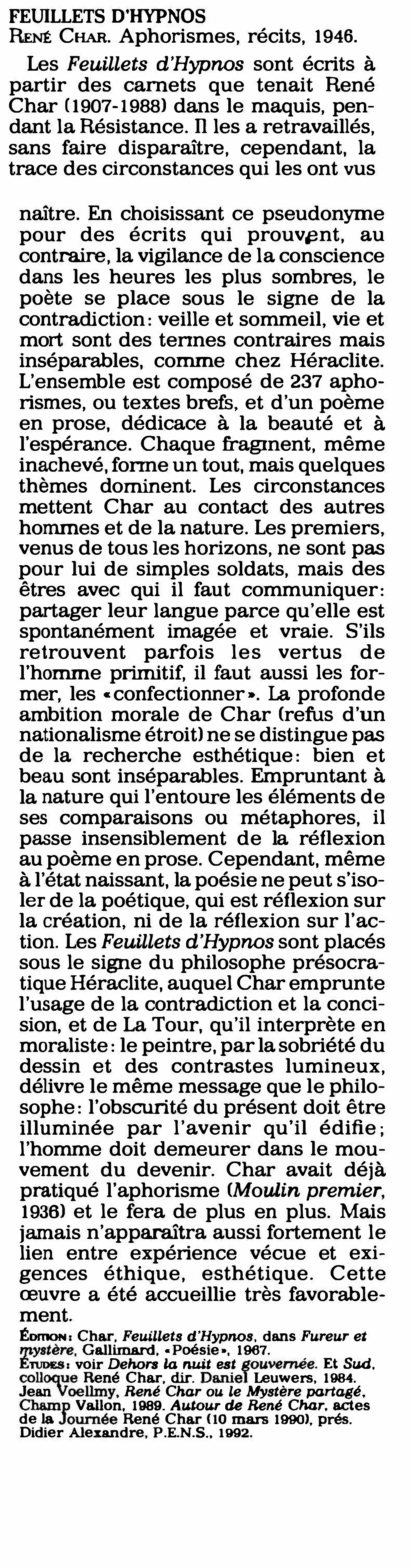 Prévisualisation du document Feuillets d'Hypnos [René Char] - Fiche de lecture.