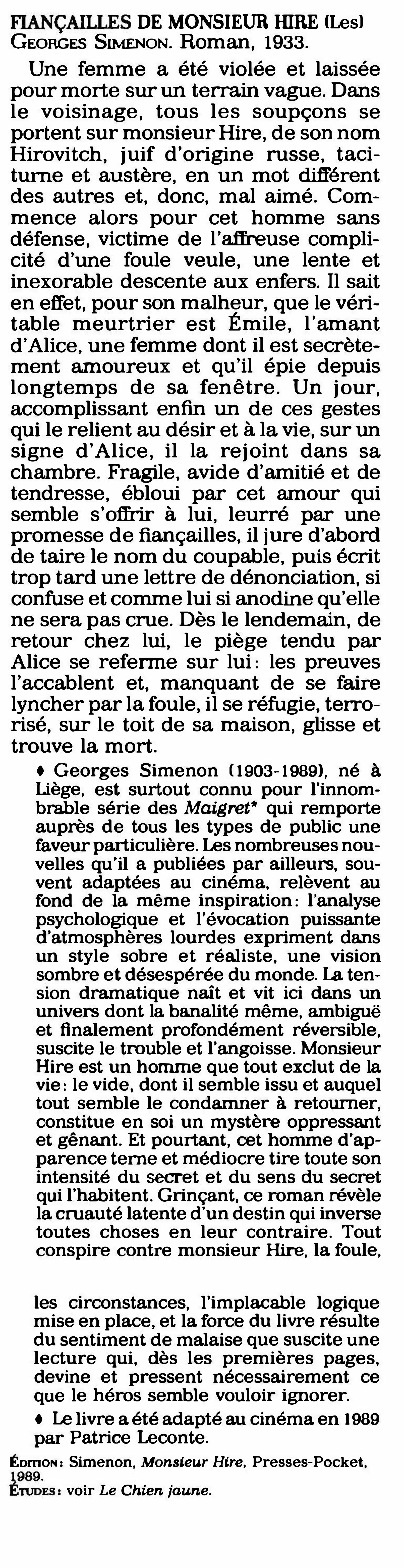 Prévisualisation du document FIANÇAILLES DE MONSIEUR HIRE    (Les).  Georges Simenon (résumé)