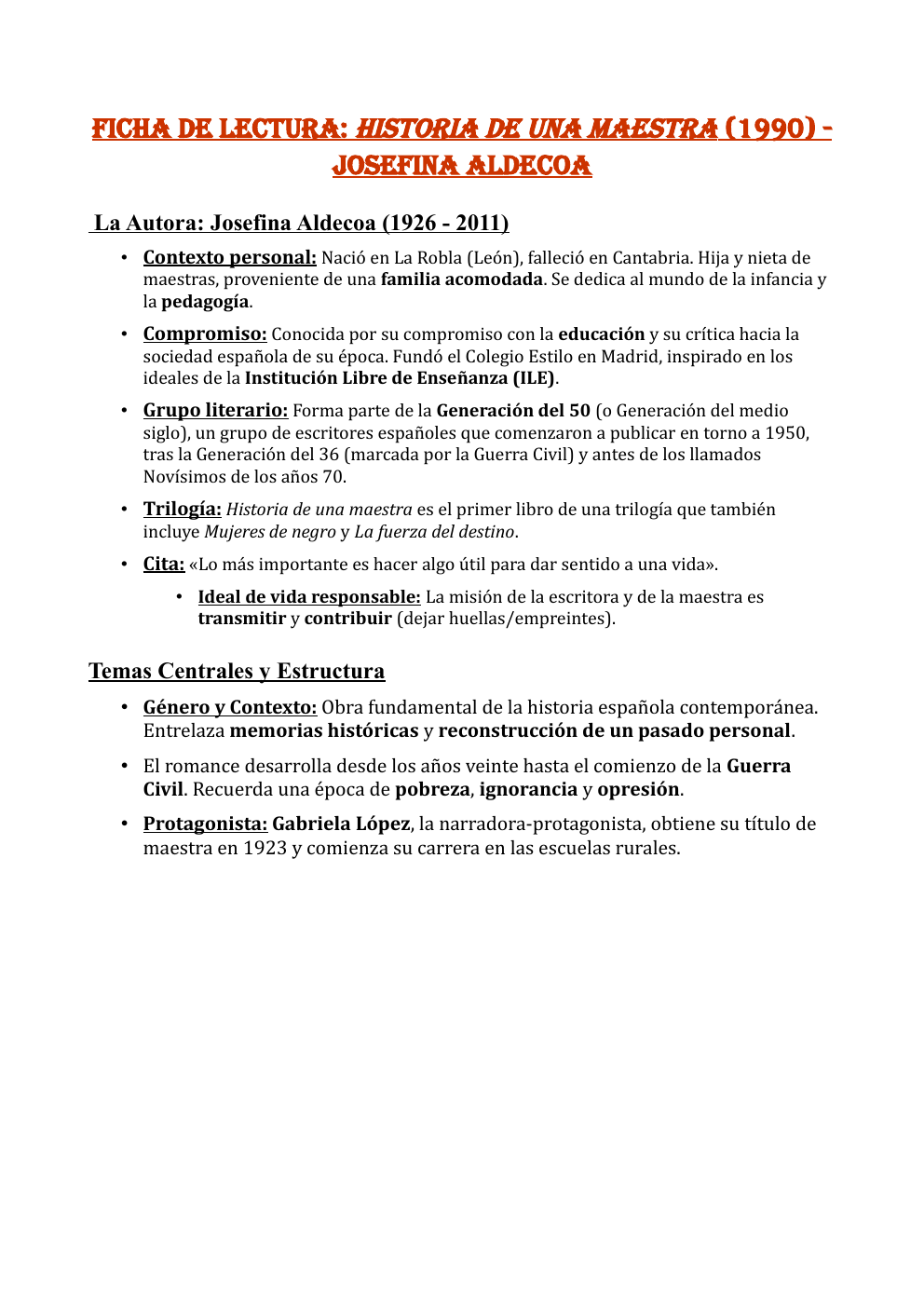 Prévisualisation du document Ficha de Lectura: Historia de una maestra (1990) Josefina Aldecoa