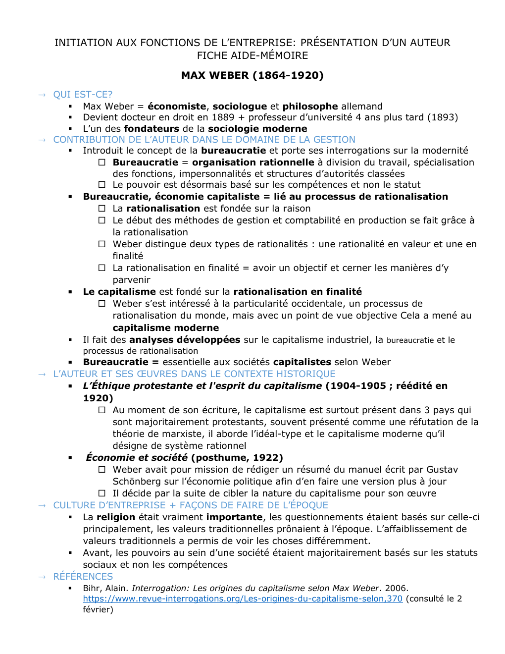 Prévisualisation du document FICHE AIDE-MÉMOIRE: Max Weber