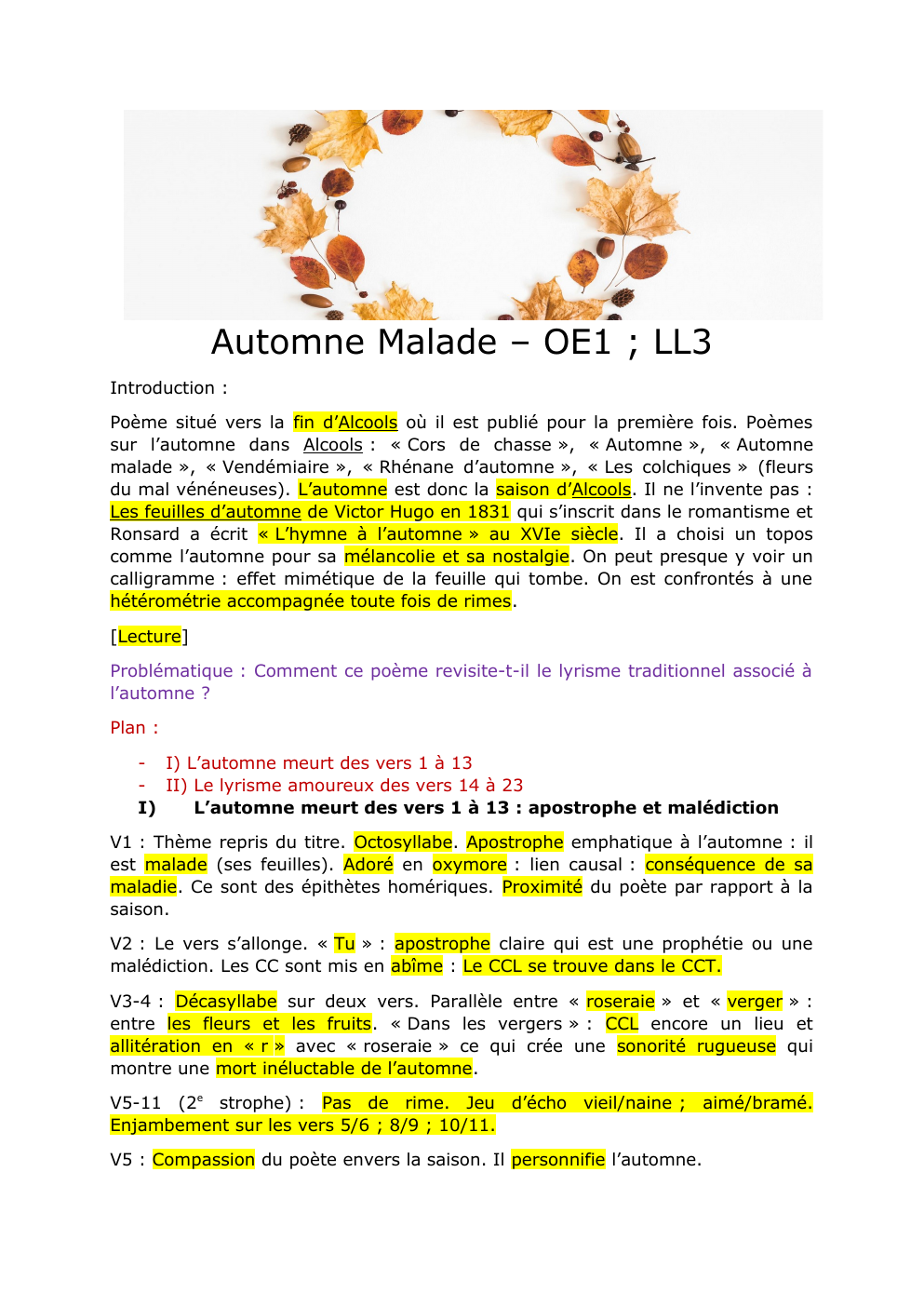 Prévisualisation du document Fiche ,analyse linéaire, Automne Malade Guillaume Apollinaire Bac Français