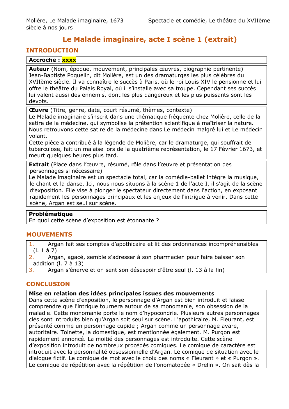 Prévisualisation du document Fiche Analyse Linéaire Malade Imaginaire Acte I Scène1